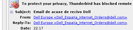 Captura de pantalla de un correo recibido de Dell España, cuyo título es Acuse de recibo... escrito con uve