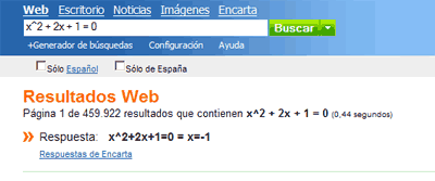 La búsqueda 'x^2+2x+1=0' en MSN