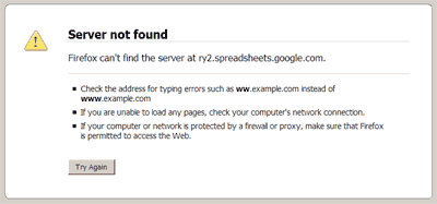 Mensaje de error de Firefox al intentar acceder a Google Speadsheets