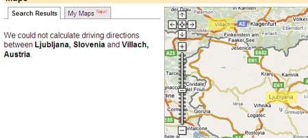 Google Maps no encuentra ruta entre Villach, Austria y Liubliana, en Eslovenia