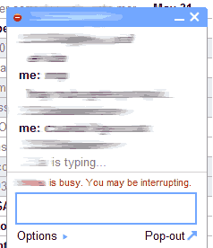 Captura de pantalla de Google Talk, en que me advierte que mi interlocutor está ocupado