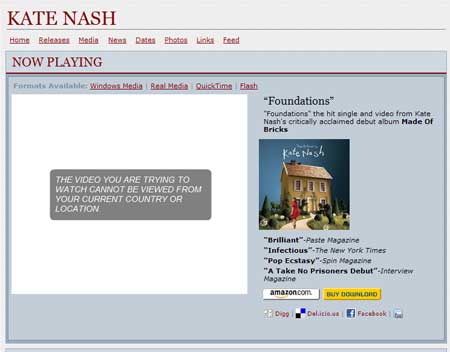 La web de la discográfica Geffen me dice que no puede enseñarme el último videoclip de Kate Nash porque estoy en el país equivocado