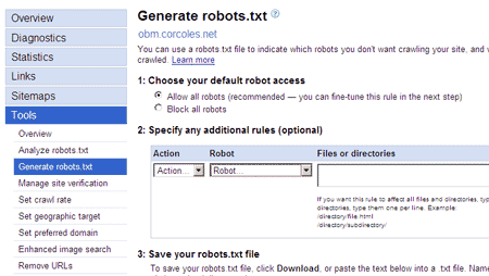 Captura de pantalla del generador de robots.txt de Google