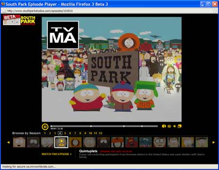 Captura de pantalla de un episodio de South Park en la web del programa
