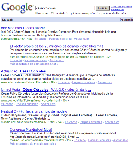 Los resultados de la búsqueda \'césar córcoles\' en google.es