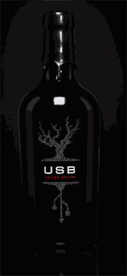 Una botella de vino negra, con el texto USB. Con unos y ceros se dibuja un árbol y un puerto USB por encima y por debajo del USB, respectivamente;