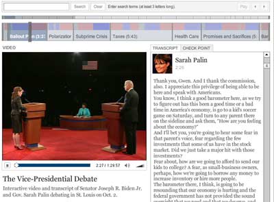 Captura web de la aplicación web para la transcripción del debate de los candidatos a la vicepresidencia USA en el New York Times