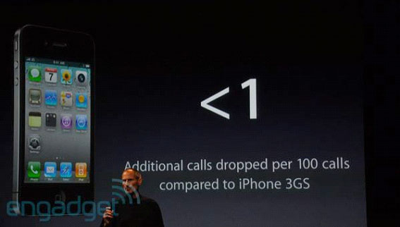 Una diapositiva de una presentación afirma que hay menos de una llamada interrumpida adicional por cien llamadas al comparar el iPhone 4 con el iPhone 3GS