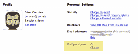 Captura de pantalla de la página de gestión de cuenta de Google con la opción para acceder a activar el 'multiple sign-in' resaltada