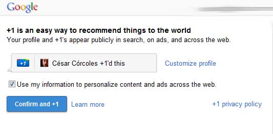 Captura de pantalla. La herramienta Google +1 pide permiso para usar mis recomendaciones en 