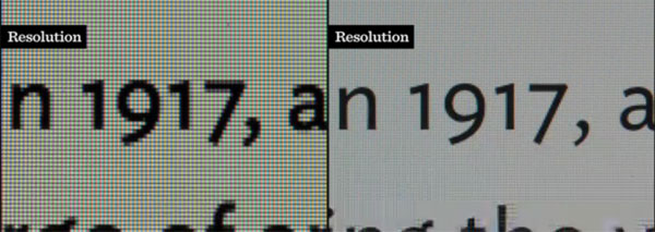 Foto del mismo texto en dispositivos del mismo fabricante pero de resoluciones muy diferentes. Naturalmente, el dispositivo de resolución mayor muestra la tipografía con mayor precisión