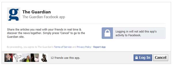 Captura de pantalla de la app del Guardian en Facebook, que exige hacer log in para seguir