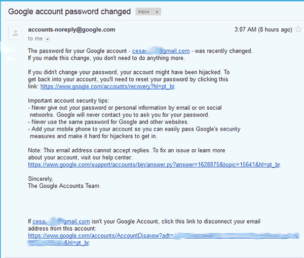 Captura de pantalla de una notificación por correo electrónico de cambio de contraseña en una cuenta de GMail