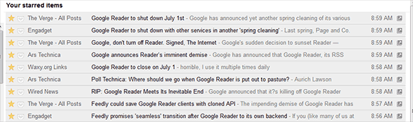 Captura de pantalla de mis 'favoritos' en Google Reader, monopolizados por el cierre de Reader