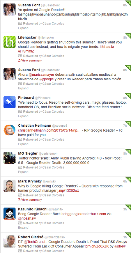 Algunas de las reacciones de mi timeline twitter a la noticia del cierre de Google Reader