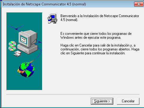 Pantalla de instalación de Netscape Communicator 4.5