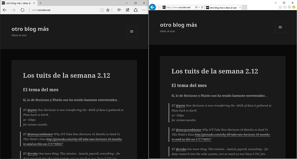 Capturas de pantalla de una misma web visitada con Edge y con IE11