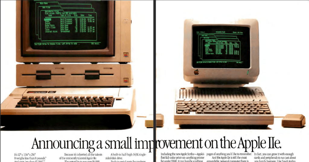 Anuncio de Apple. Aparecen el Apple IIe original y el modelo que se lanzaba entonces, mucho más pequeño.