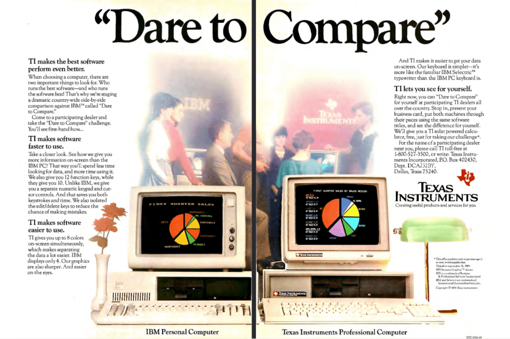 Anuncio de Texas Instruments, que compara su clon del PC de IBM con el lema "Dare to Compare"