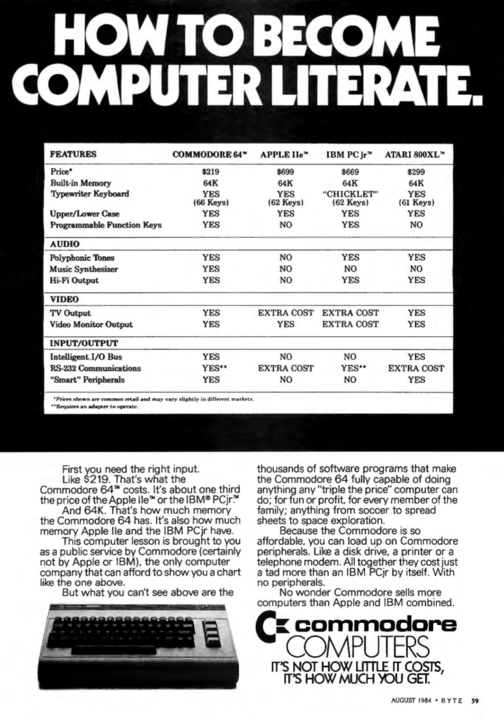 Anuncio del Commodore 64 que lo compara con el Atari 800XL (un poco más caro que el 64) y el Apple IIe y el PC jr de IBM, muchísimo más caros. Obviamente, los tres ordenadores de la comparativa salen escaldados en diversos factores, como el sonido, la capacidad de usar una tele como monitor o la conectividad