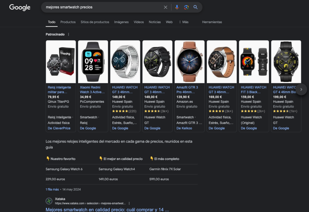 Página de resultados de Google para la búsqueda 'mejores smartwatch precio'. El primer resultado, que ocupa buena parte de la página, es un carrusel, de nuevo patrocinado, de enlaces a diferentes smartwatches en diferentes comercios electrónicos