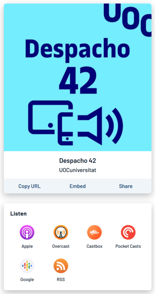 La portada del podcast Despacho 42, con enlaces para escuchar en Apple, Overcast, Castbox, Pocket Casts y Google, y enlace al RSS