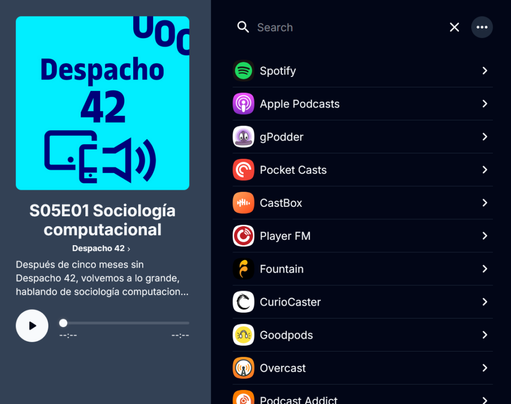 Portada del episodio de Despacho 42 dedicado a la sociología computacional. Hay enlaces a Spotify, Apple Podcasts, gPodder, Pocket Casts, Castbox, Player FM, Fountain, CurioCaster, Goodpods, Overcast y Podcast Addicts