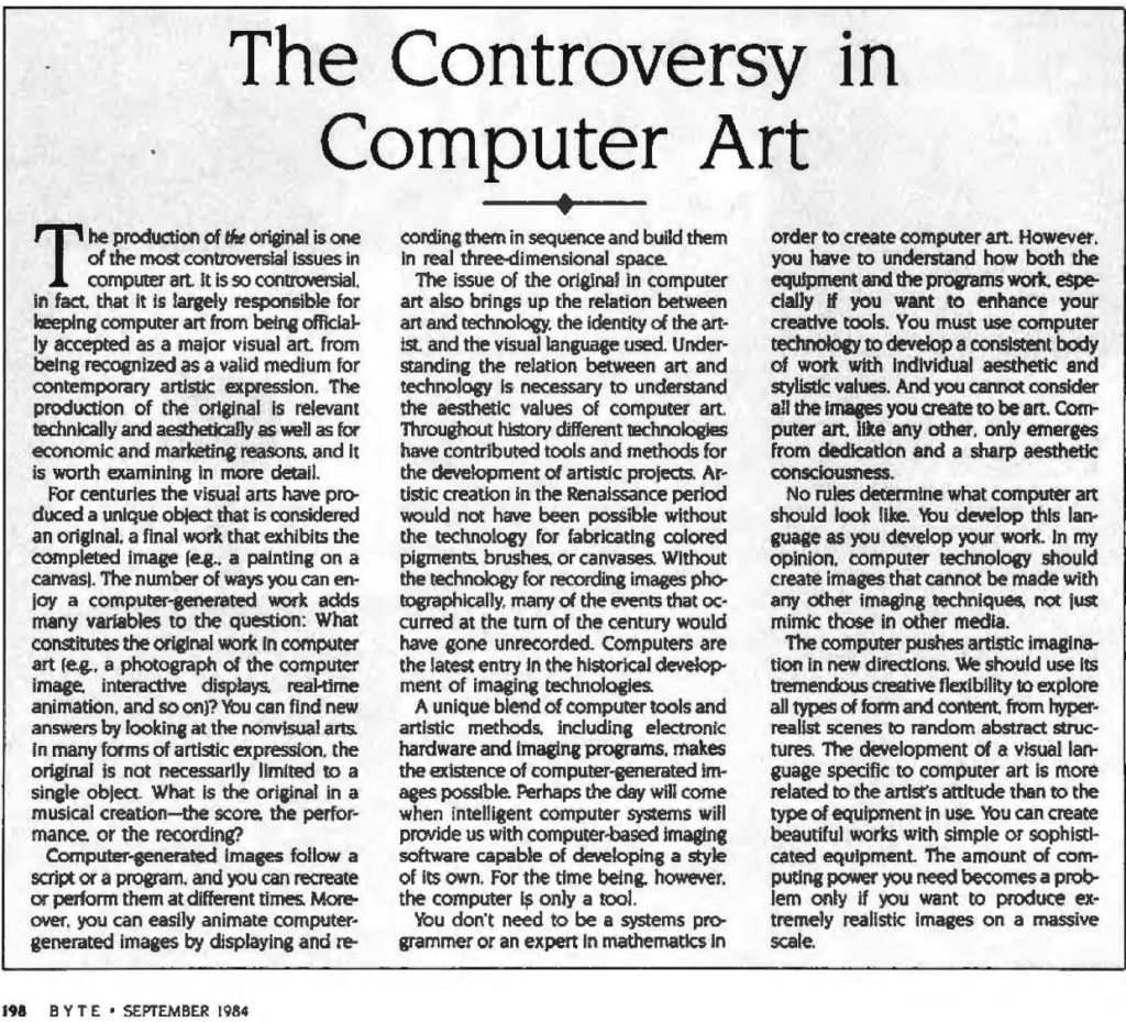 Captura de una página de texto. El título es The Controversy Computer Art. El texto más destacable está a continuación en la entrada