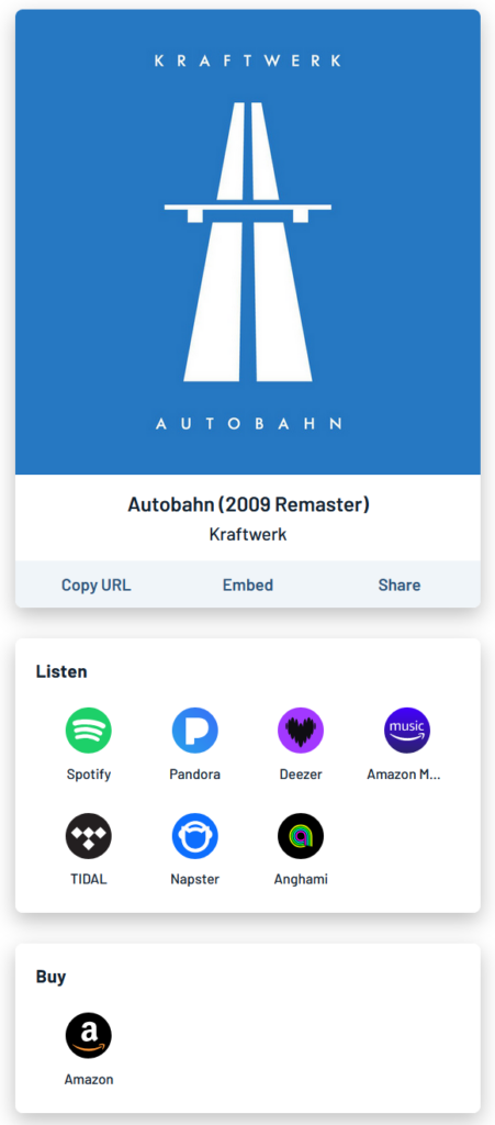 Portada del disco Autobahn, de Kraftwerk. Bajo la portada hay enlaces para reproducirlo en Spotify, Pandora, Deezer, Amazon Music y otros servidios en línea, y para comprar el disco en Amazon