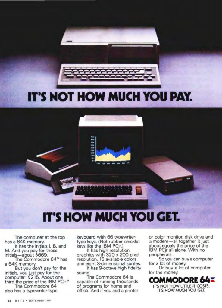 Anuncio a toda página del Commodore 64. Lo ilustran dos fotos. La primera lleva el texto "It's not how much you pay", y aparece la caja de un PC con su teclado y nada más. La segunda lleva el texto "It's how much you get" y aparece un Commodore 64 con un monitor mostrando un gráfico de tipo empresarial, una impresora y una disquetera. Debajo, un texto explica que e IBM PC tiene un precio de 669 dólares, y el Commodore 64, 215.