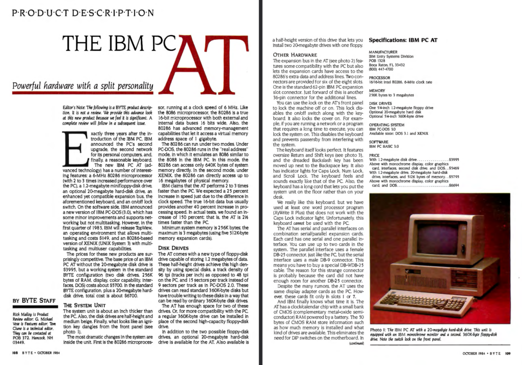 Doble página dedicada al lanzamiento del IBM PC AT