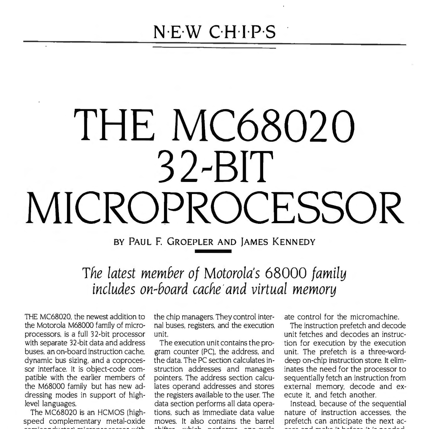 Primera página del artículo sobre el microprocesador de 32 bitas MC68020. el subtítulo dice que el miembro más reciente de la familia 68000 de Motorola incluyé caché y memoria virtual.