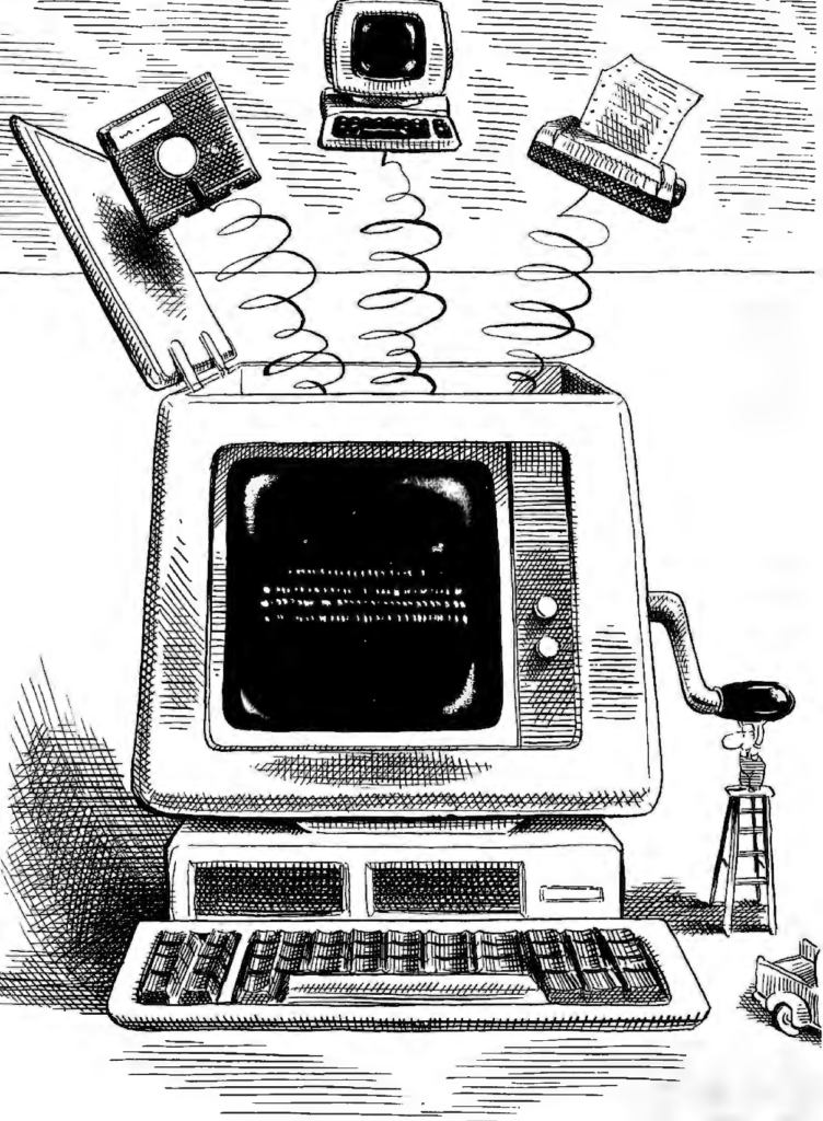 Ilustración en blanco y negro. Un PC tradicional (teclado, caja y monitor de tubo encima).Del monitor han salido, como un resorte, un ordenador más pequeño, una impresora y un disquete de cinco pulgadas y cuarto