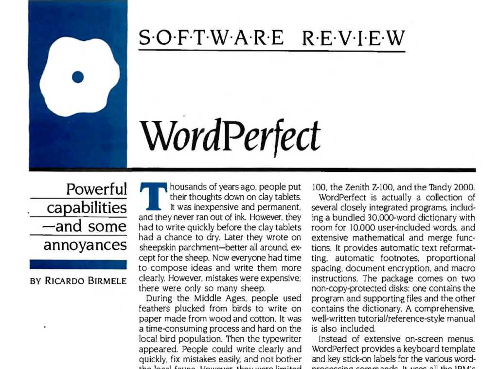 Artículo sobre WordPerfect. El subtítulo es "Poderosas capacidades... y algunas molestias"