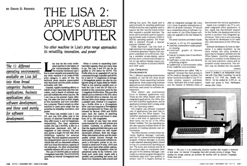 Captura de pantalla de las dos primeras páginas del reportaje dedicado al Lisa 2, con el subtítulo "el ordenador más capaz de Apple".