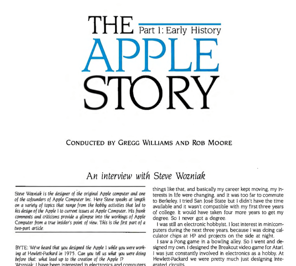 Página de texto. El título es The Apple Story, Part I: Early History. Entrevista realizada por Gregg Williams y Rob Moore.