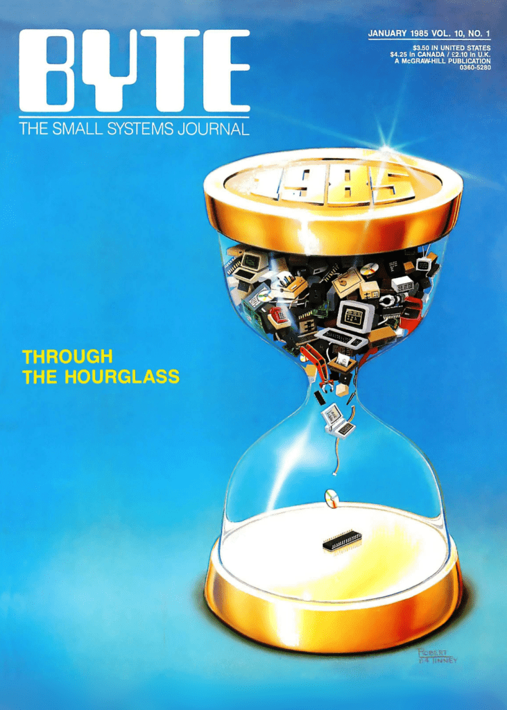 Portada de la revista Byte de enero de 1985. El título es Through the hourglass. La ilustración es un reloj de arena lleno de todo tipo de dispositivos informáticos y electrónicos: chips, CDs, ordenadores...